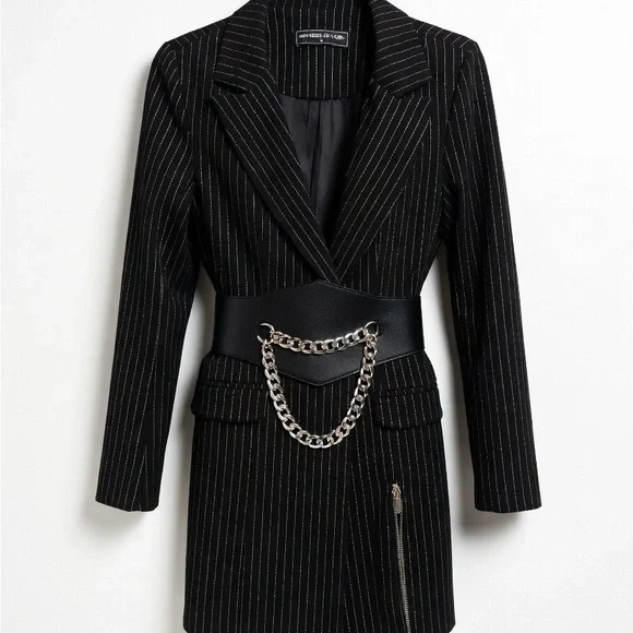 Manière De Voir Black Metallic Pinstripe Blazer Dress w Zip Hem- Size 2 XS/S - Picture 2 of 5
